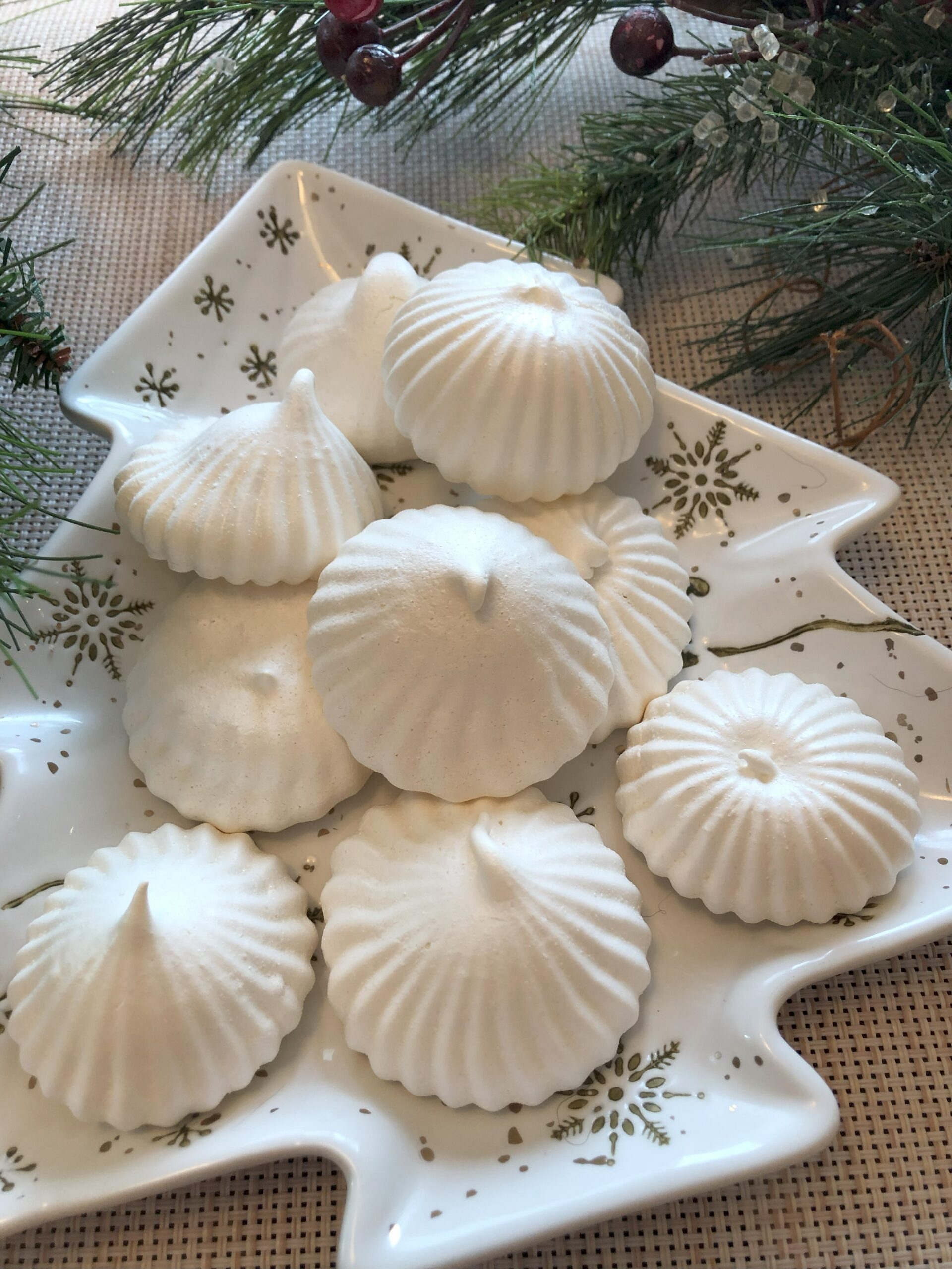 Meringue Cookies on Christmas plate.