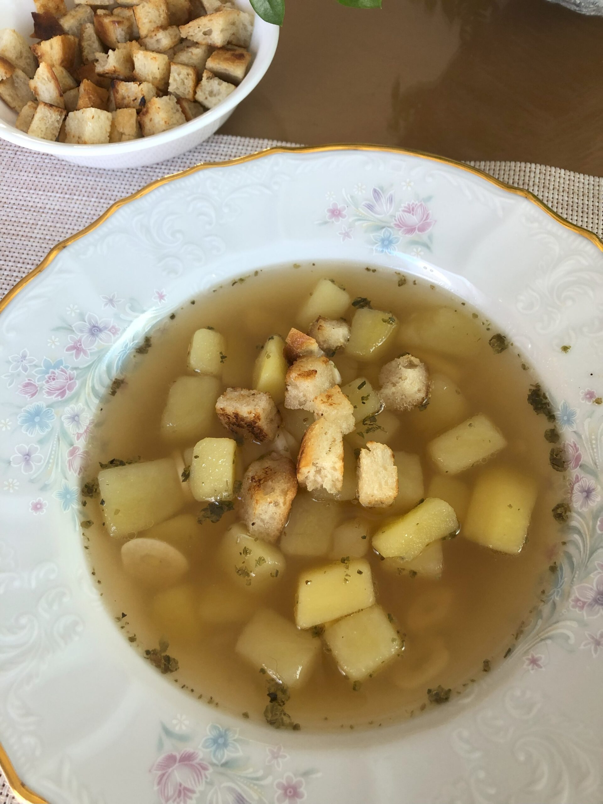 Garlic Soup with croutons.