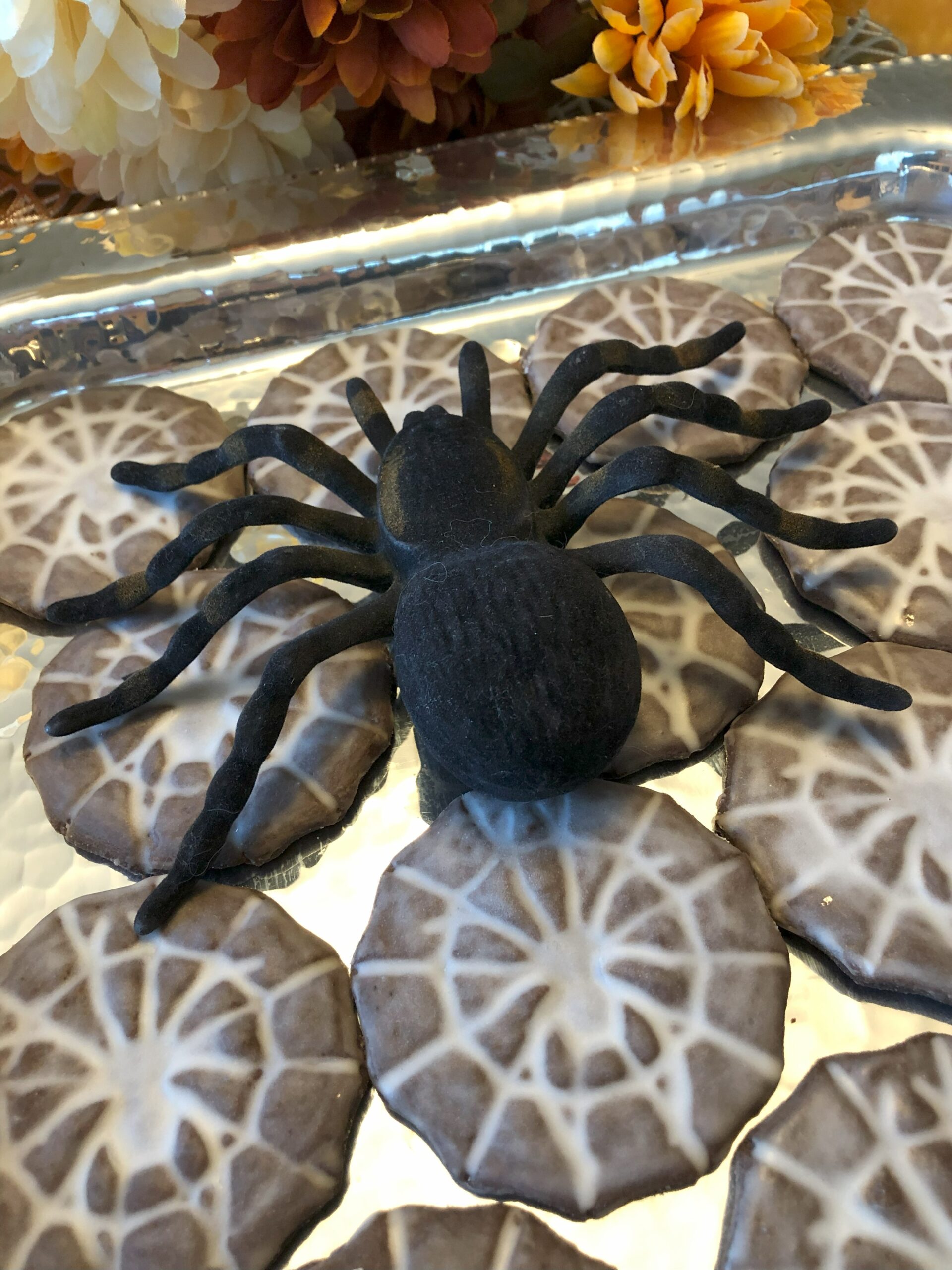 Glazed Chocolate Spider cookies on display with a large spider for Halloween.