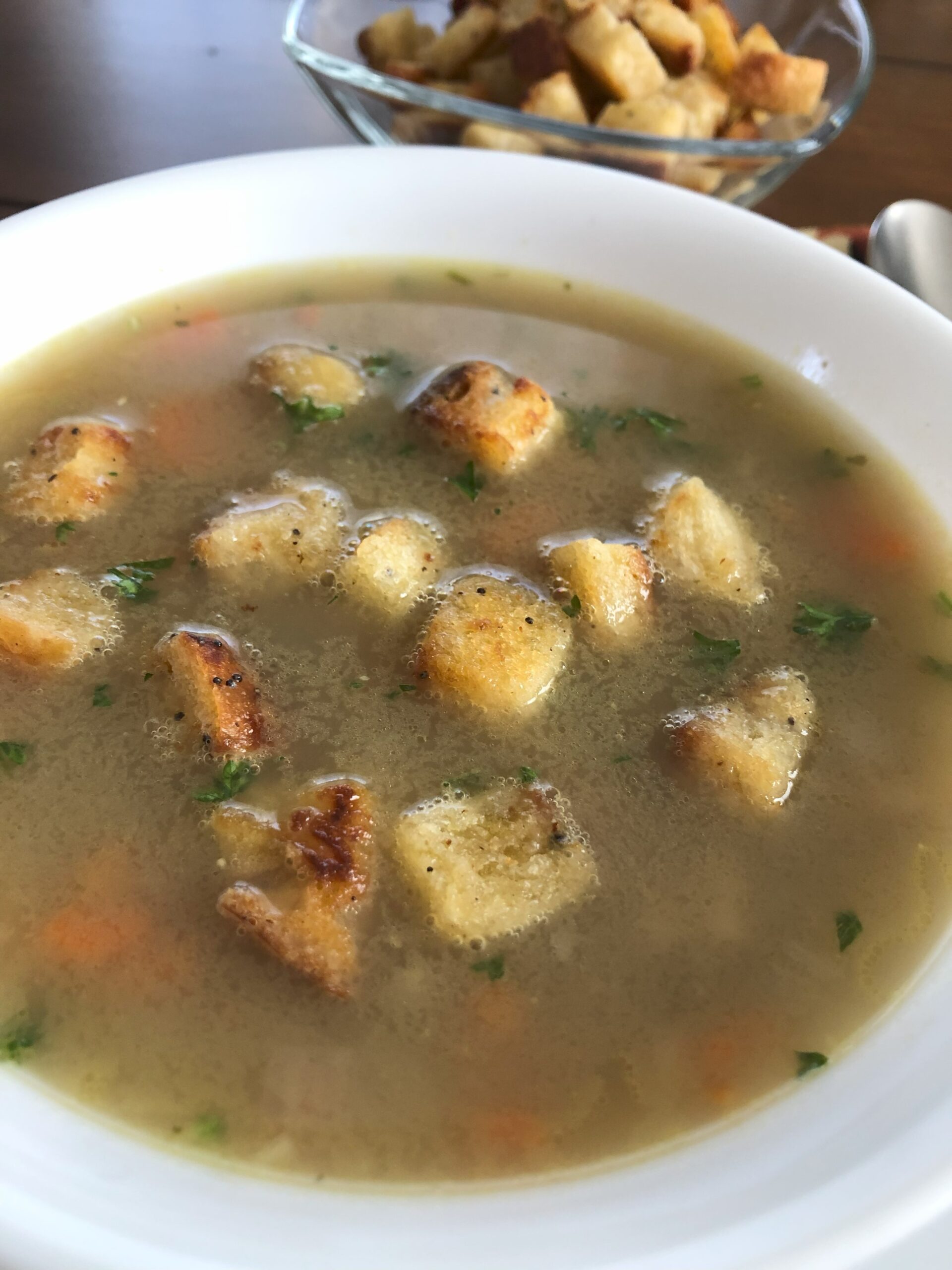 Lentil Soup in the bowl with croutons.