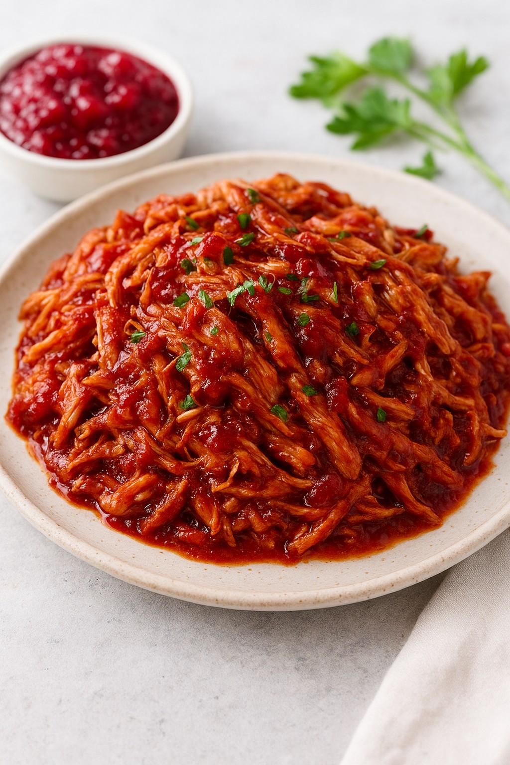 Cranberry BBQ pulled Chicken on the table.