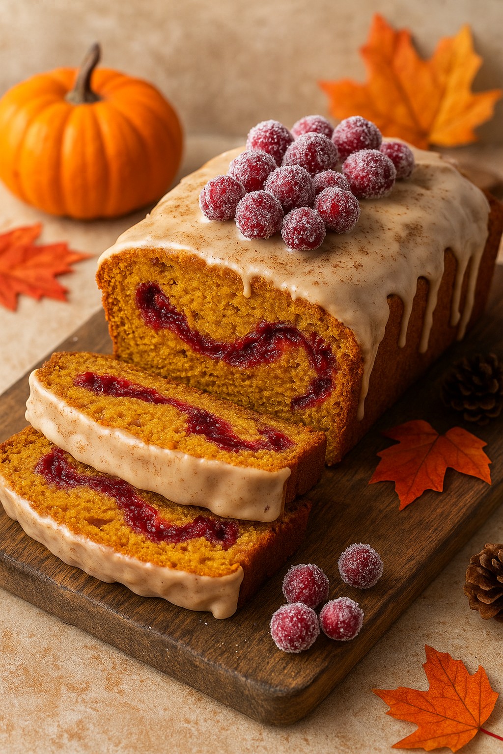 Pumpkin Cranberry Swirl Bread with Maple Glaze on the table.