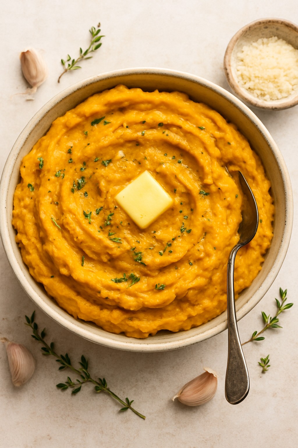 Pumpkin Garlic mashed Potatoes in the bowl on the table.