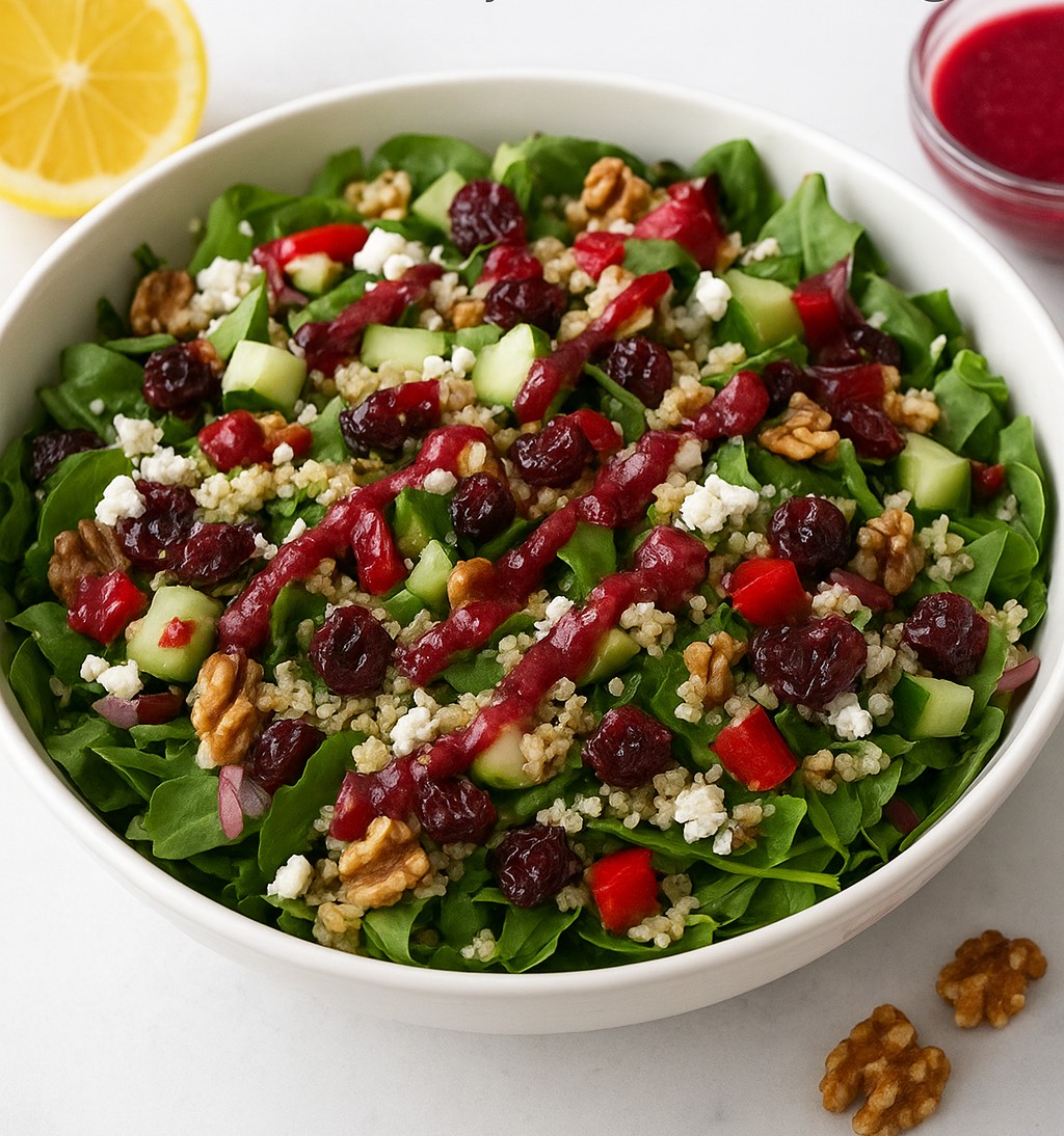Quinoa Salad with Cranberry Sauce drizzle in the bowl.
