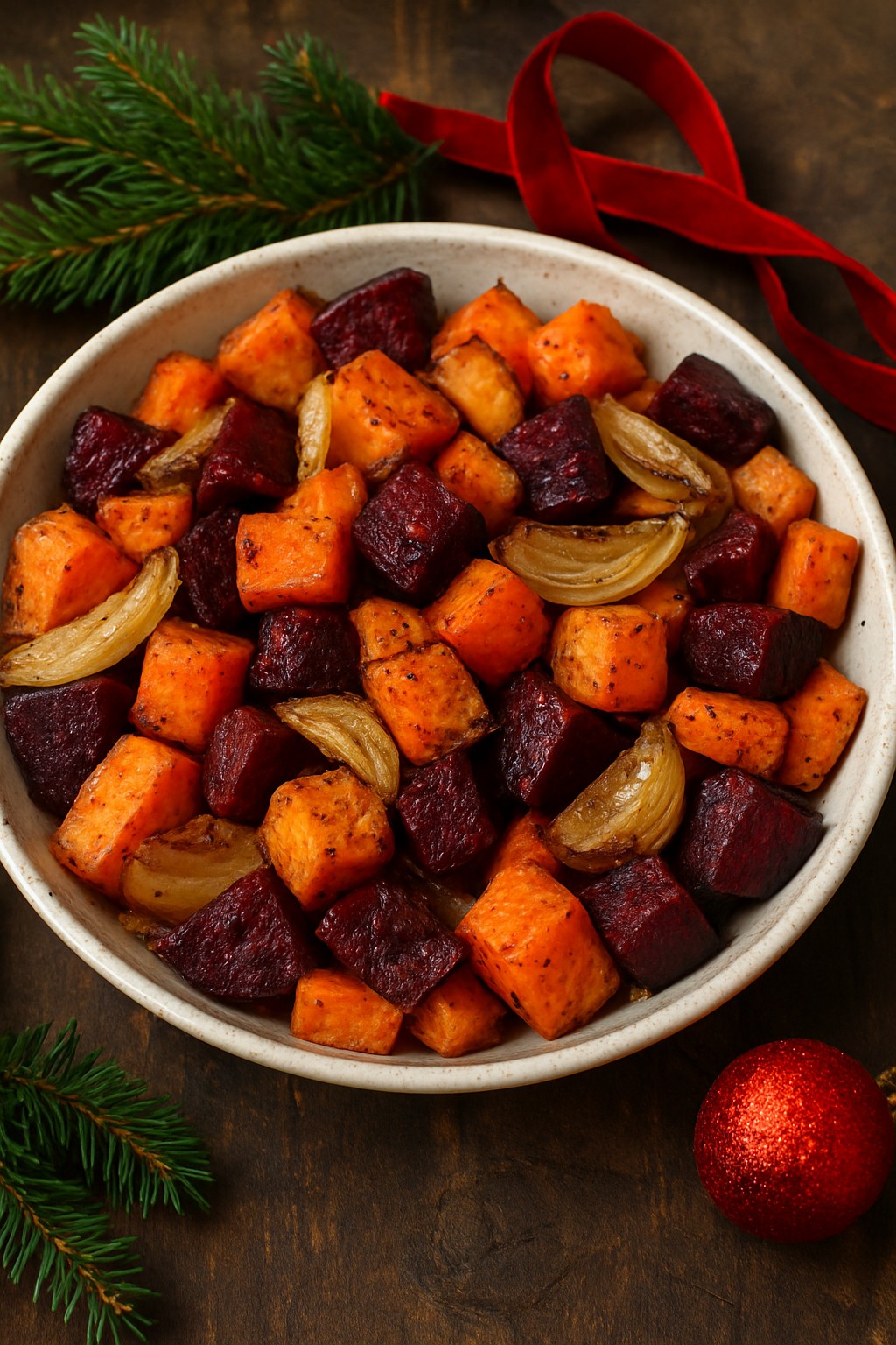 Sweet potatoes, Onion and Beets in the bowl on the table.
