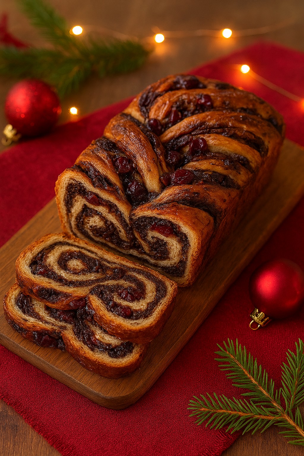 Cut up Chocolate Cherry Babka on Christmas table.