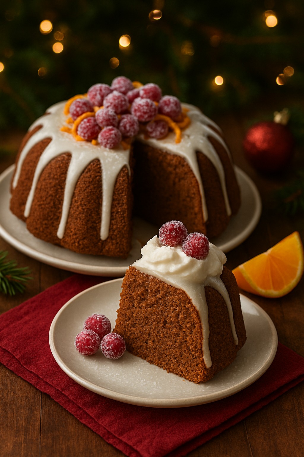 Gingerbread Bundt Cake with Orange Glaze cut up on a Christmas table.