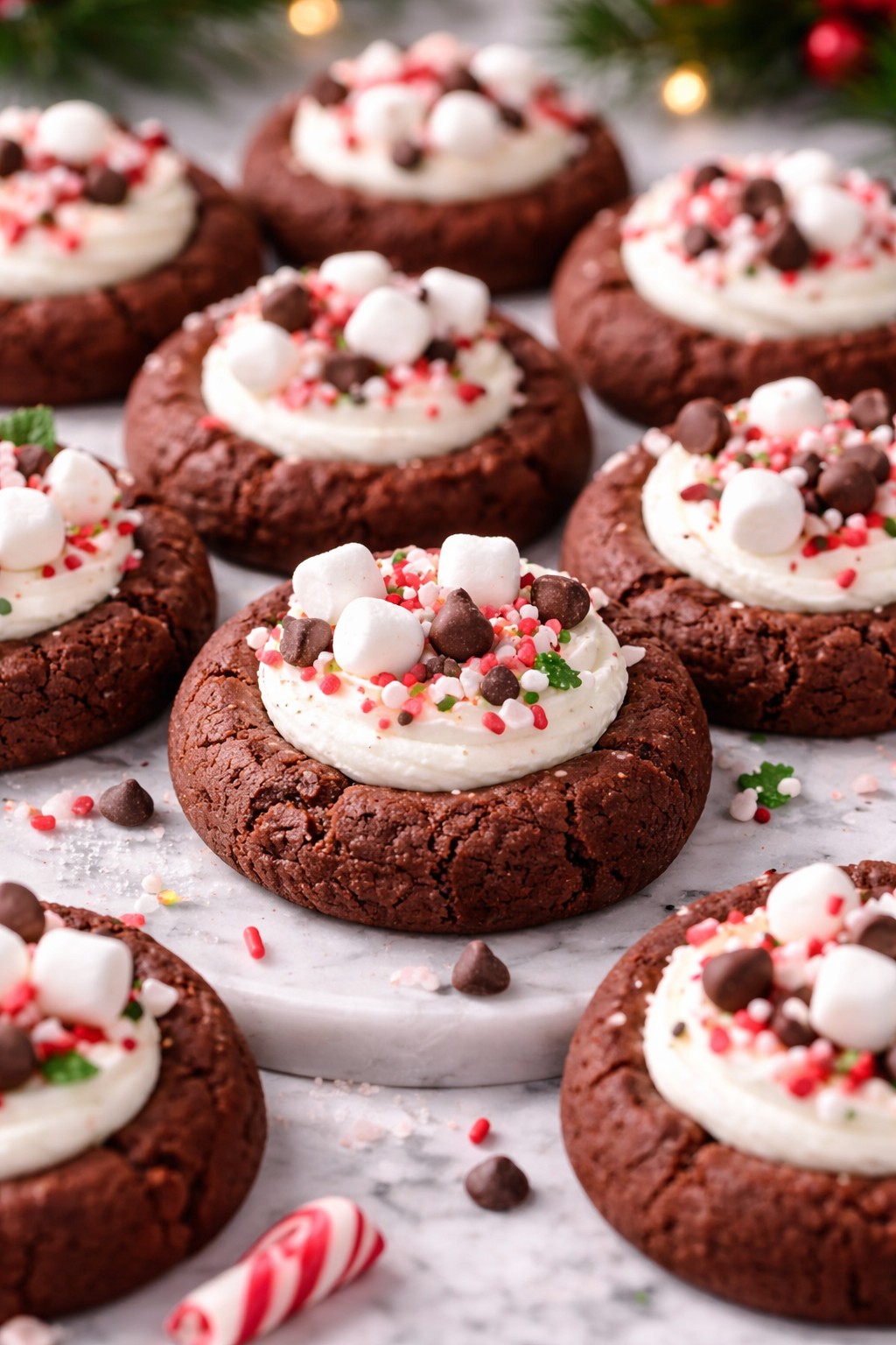 Hot Cocoa Thumbprint Cookies with Marshmallow Frosting on the table.