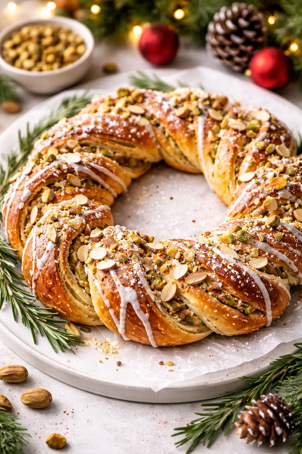 Pistachio Almond Sweet Bread Wreath on the table.