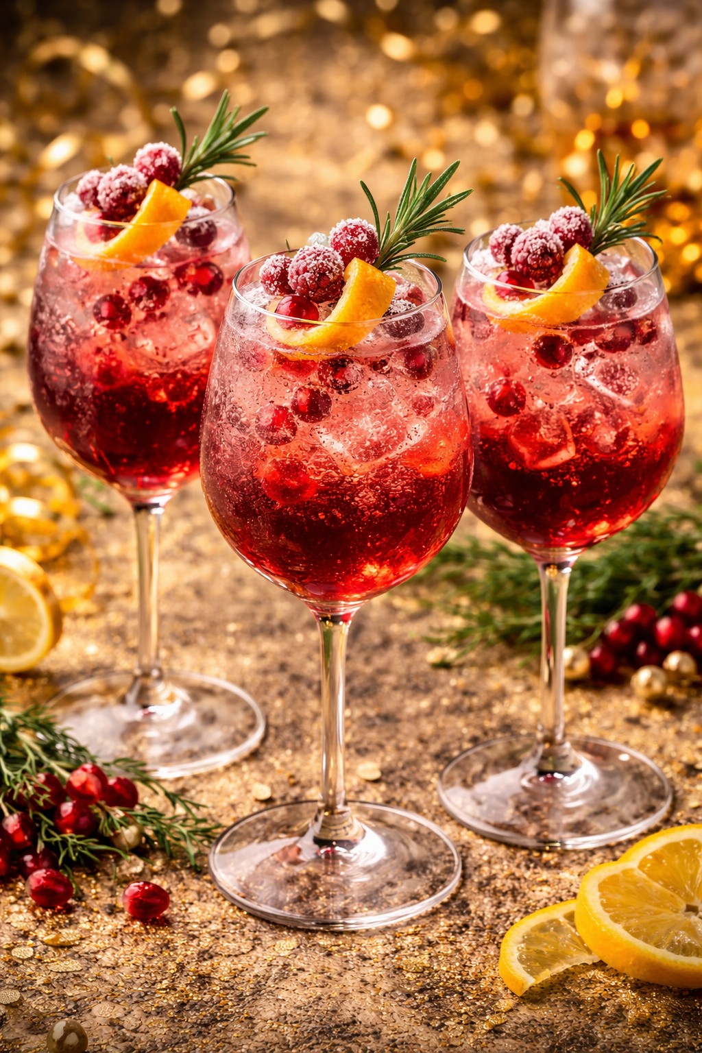 Pomegranate Prosecco Spritz in the glasses on a festive table.