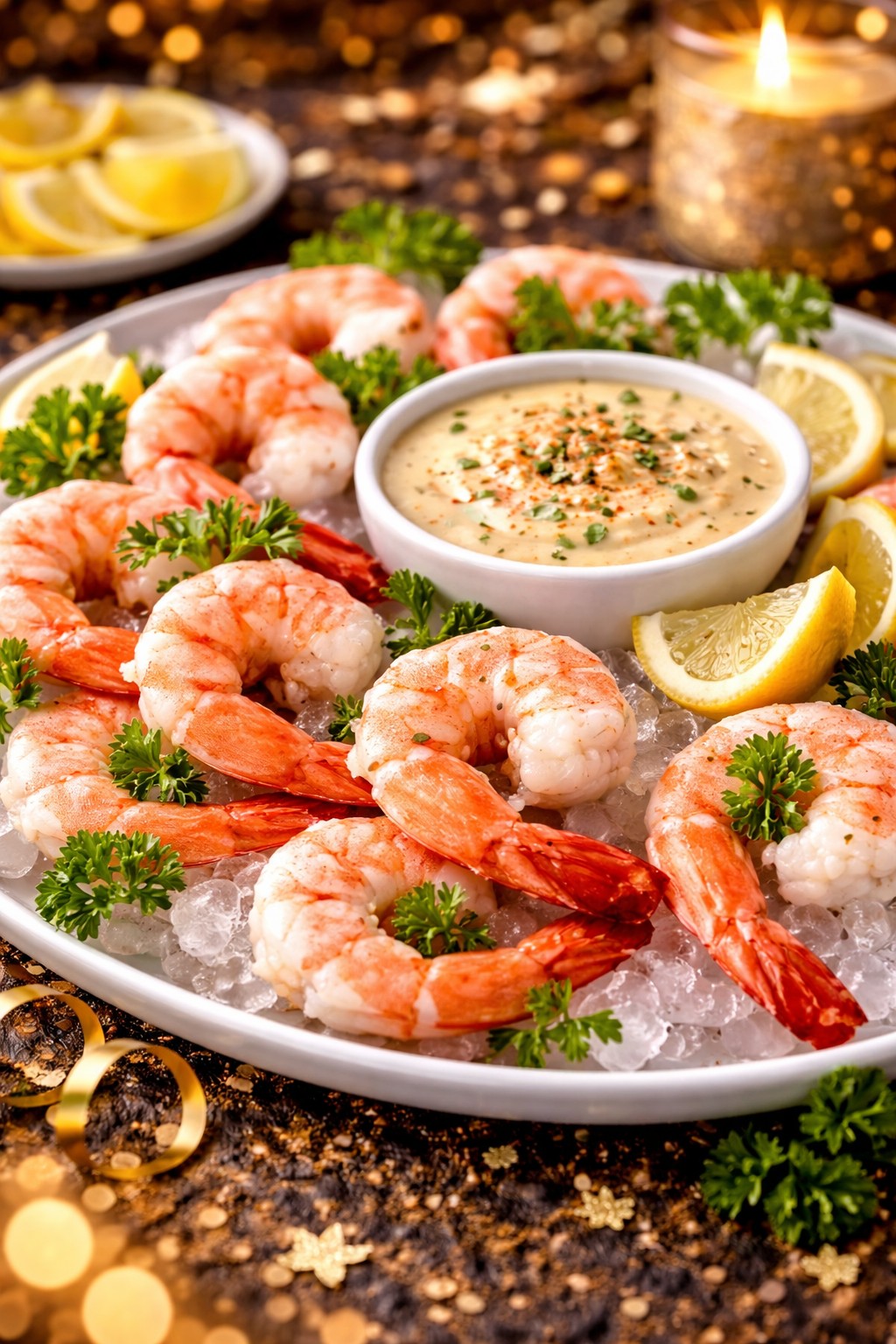 Shrimp Cocktail with Zesty Lemon Sauce om festive table.