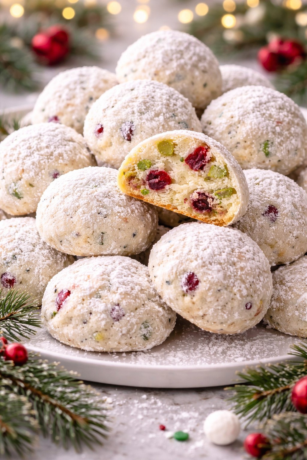 Snowball Cookies with Pistachios and Cranberries