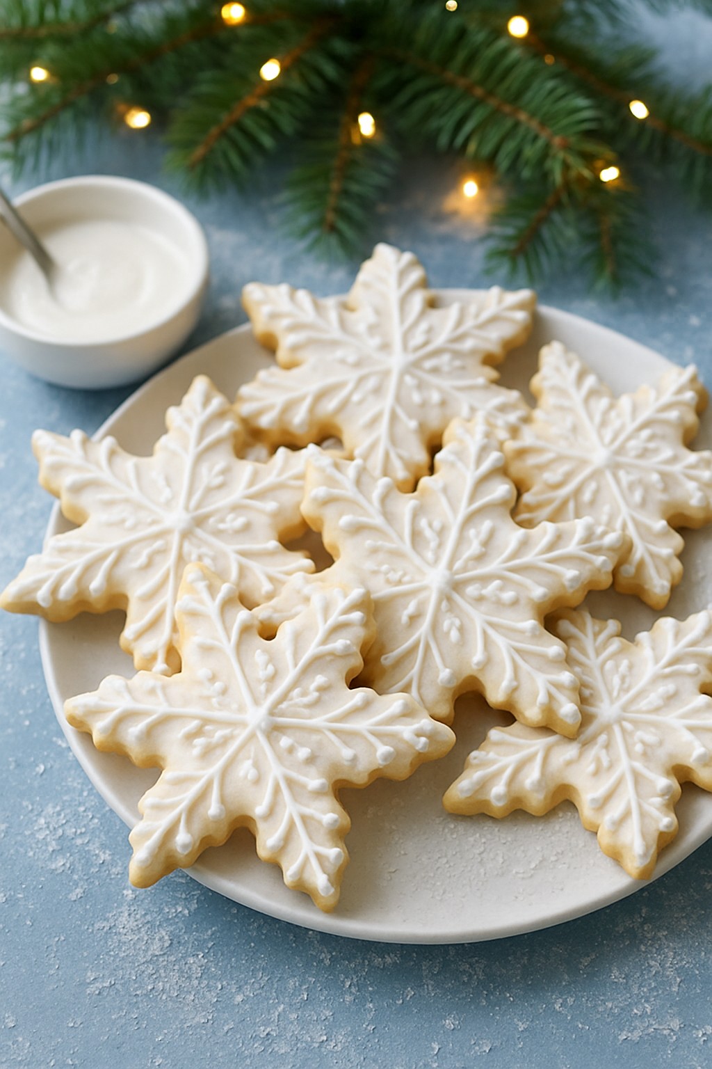 Sugar Cookies with Royal Icing on a Christmas table.