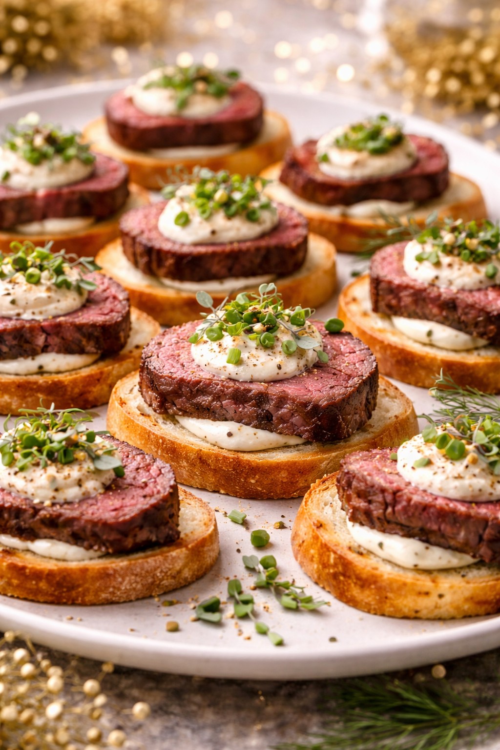 Beef Tenderloin Crostini with Horseradish Cream