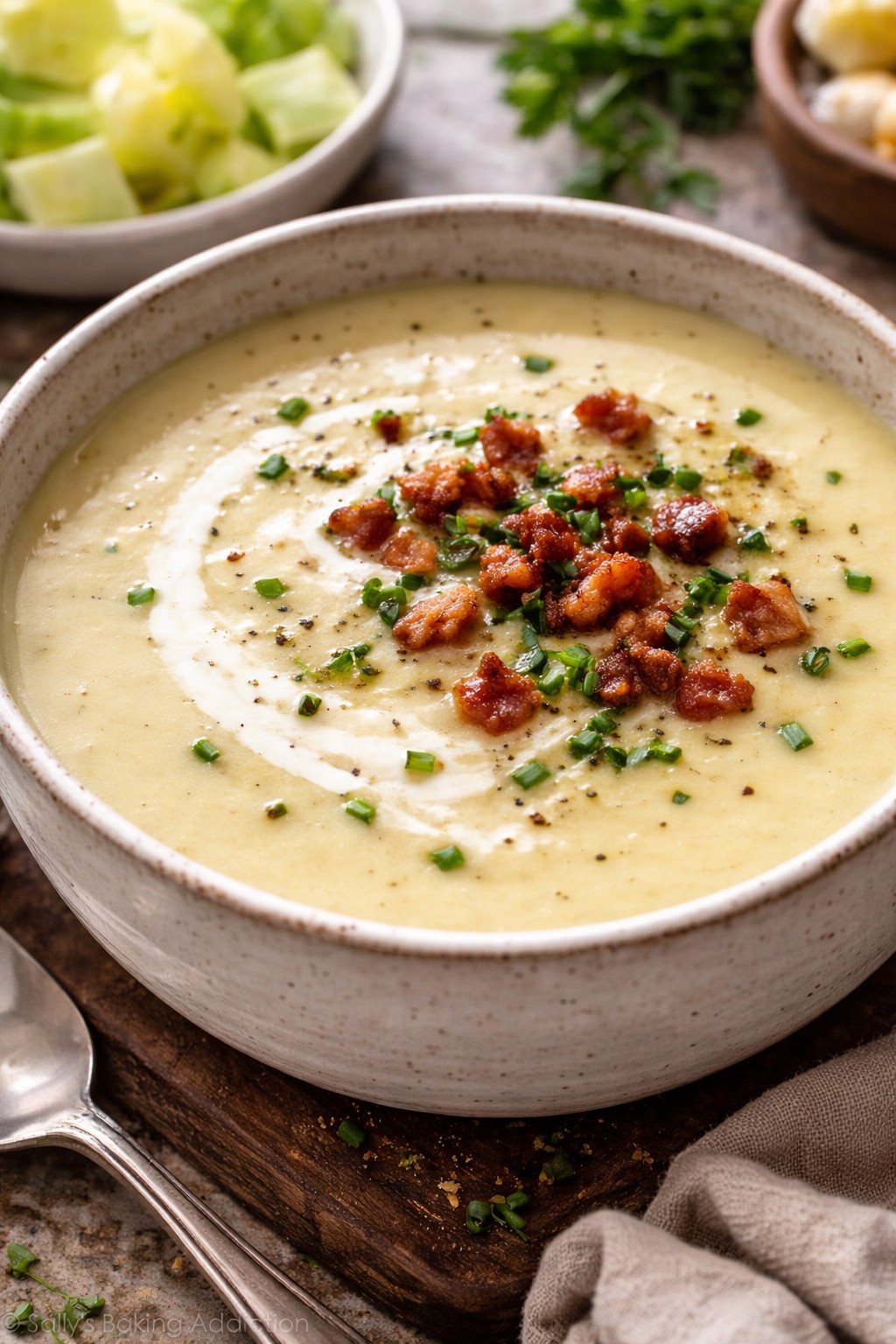 Creamy Potato & Leek Soup on the table.