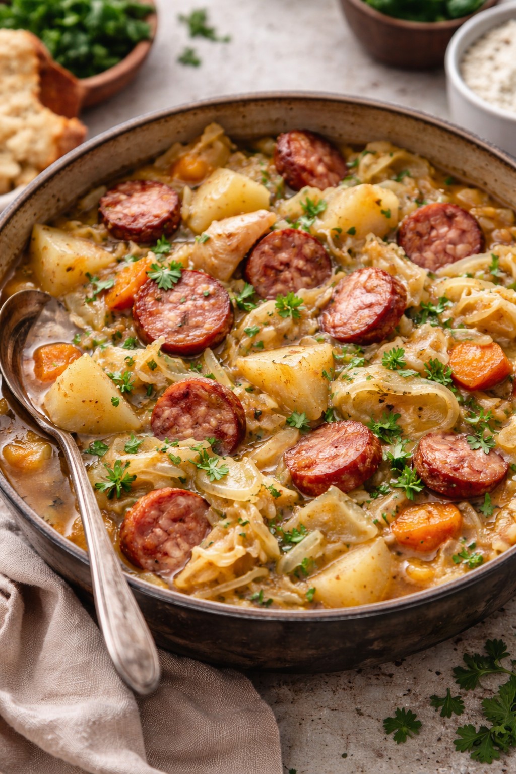 Sausage, Potato & Cabbage Stew on the table.