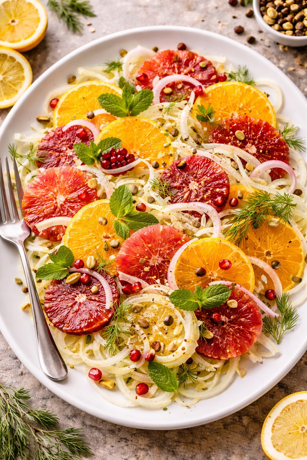 Simple Citrus and Fennel Salad on the table.