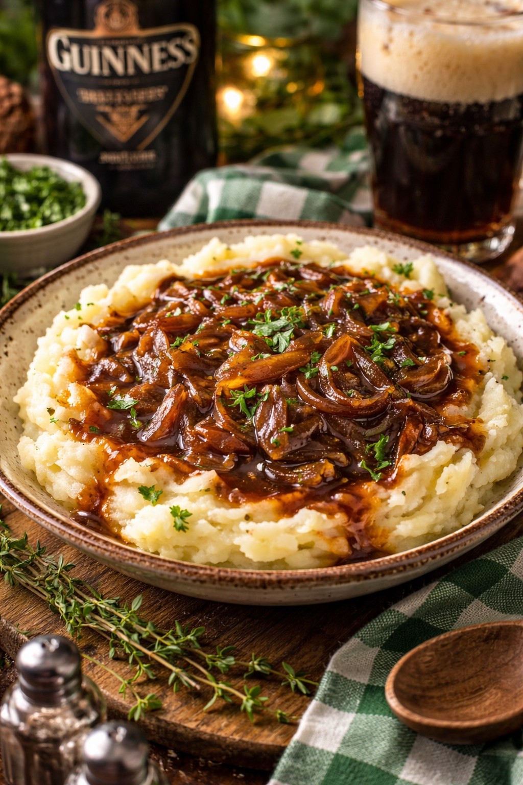 Guinness Onion Gravy over Mashed Potatoes on the table.