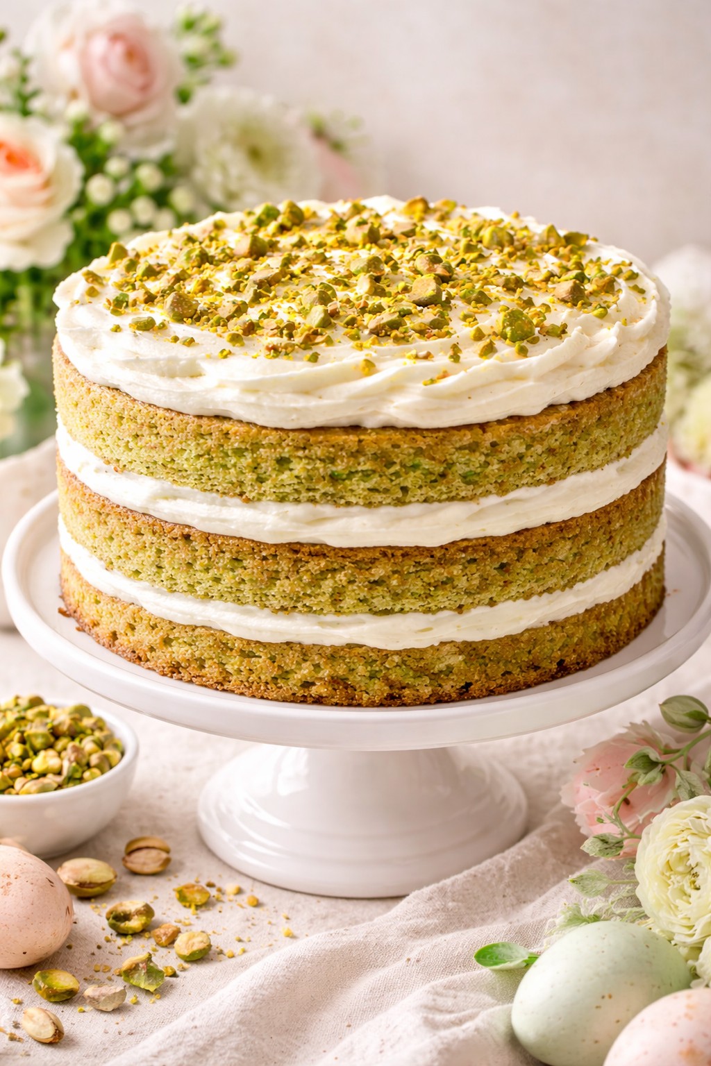 Pistachio Cake with Cream Cheese Frosting on the table.