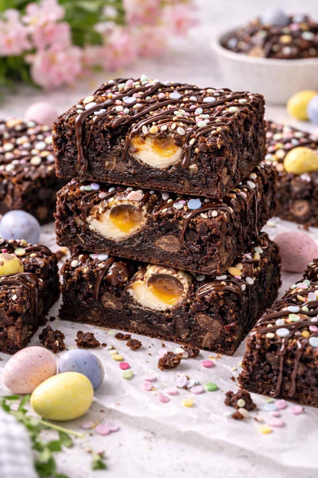 Cadbury Creme Egg Chocolate Cake Bars on the table.