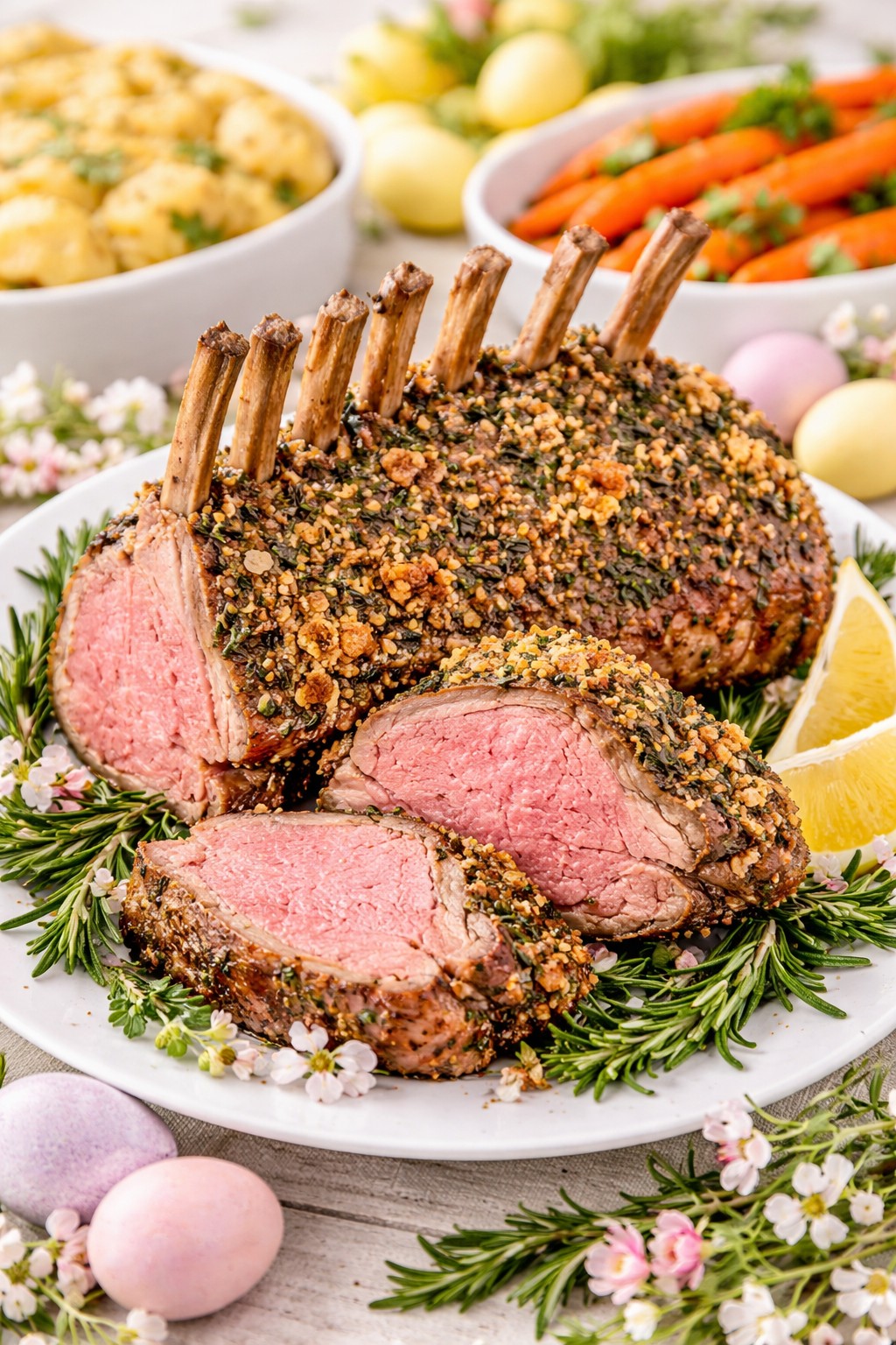 Garlic & Herb Crusted Lamb on the table.