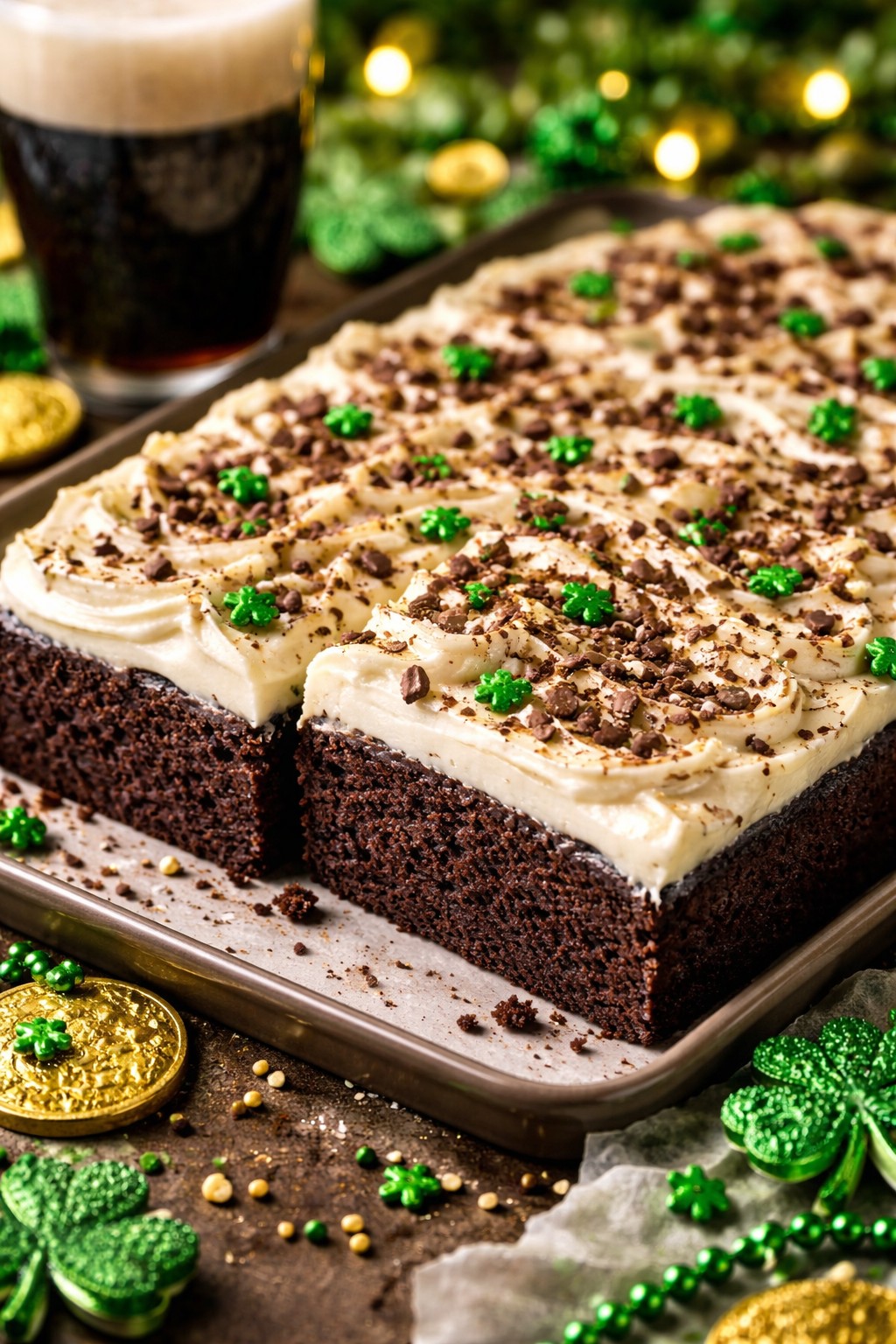 Guinness Chocolate Cake with Guinness Cream Cheese Frosting on the table.