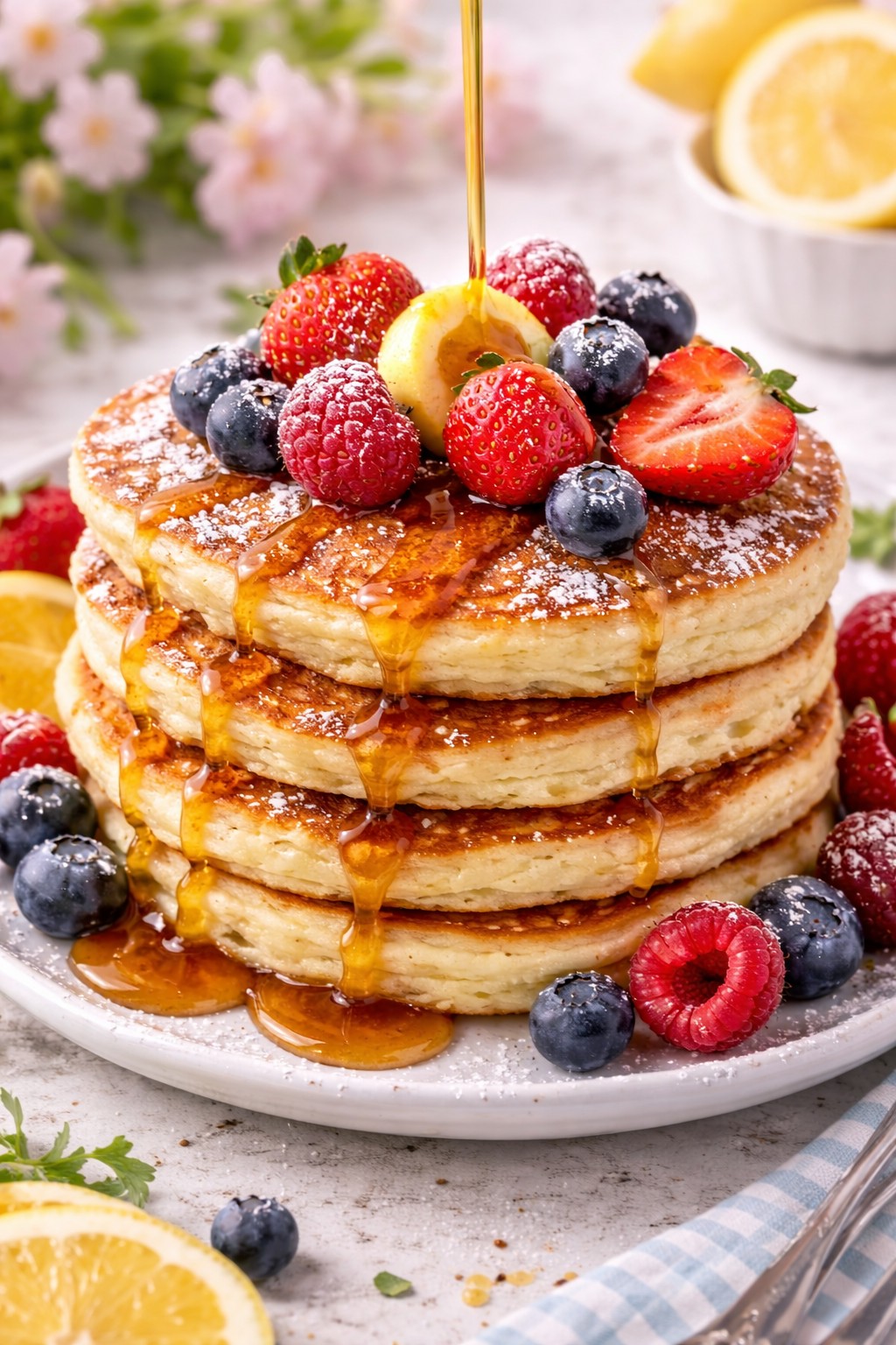 Lemon Ricotta Pancakes on the table.