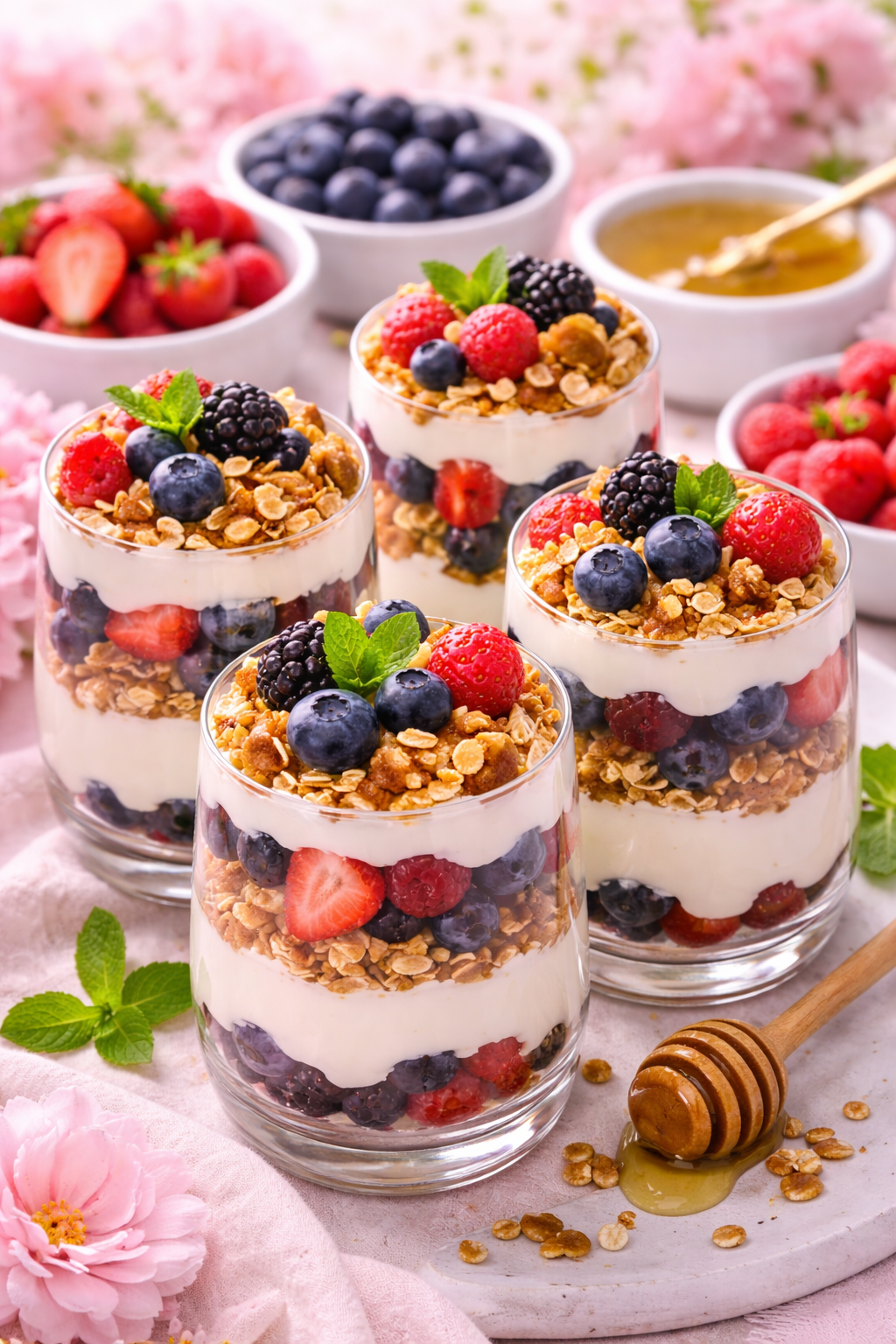 Fresh berry yogurt parfait with homemade granola on the table.