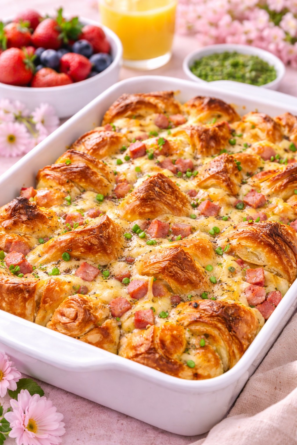 Ham & Cheese Breakfast Croissant Bake on the table.