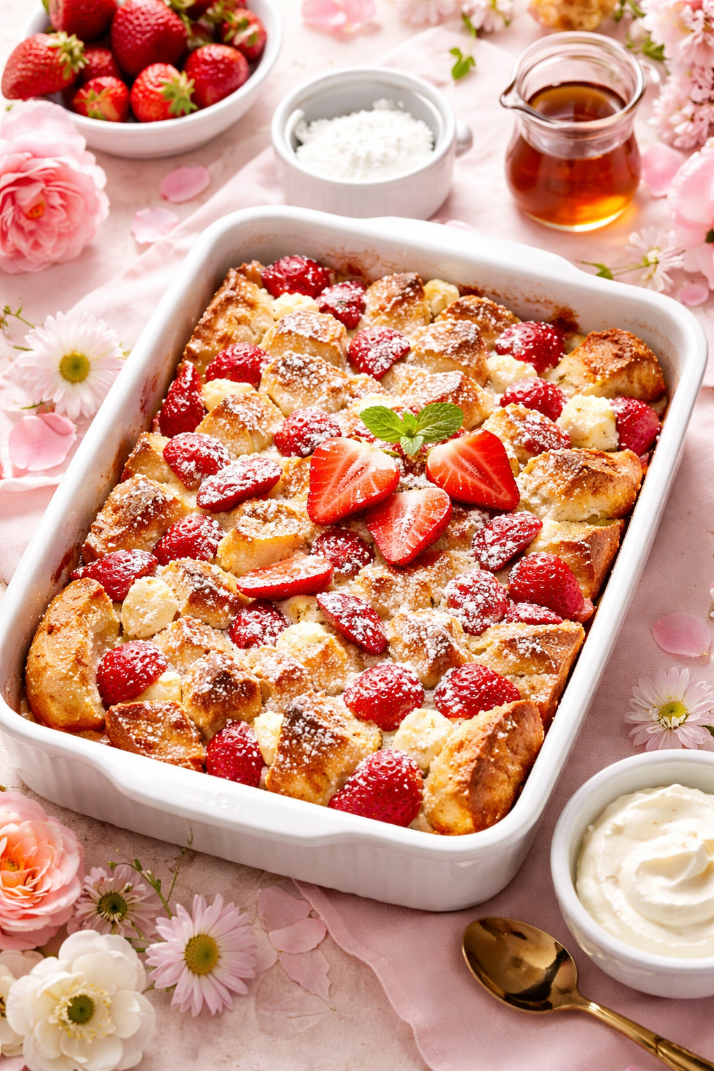 Strawberry cream cheese French toast bake on the table.