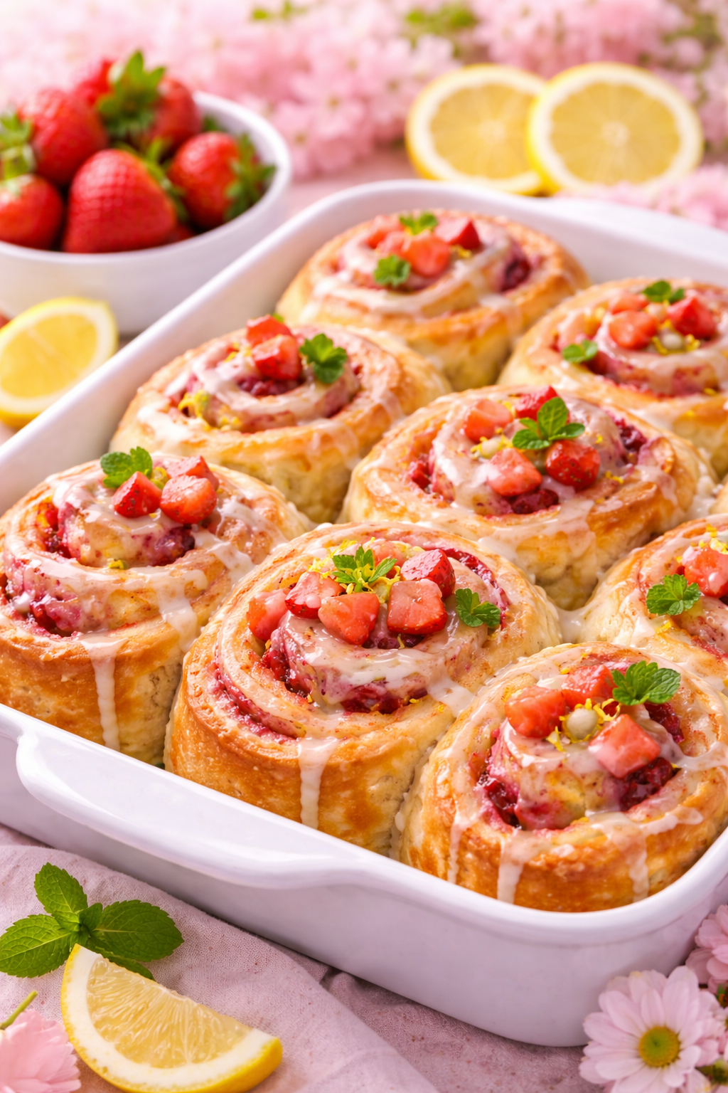 Sweet strawberry lemon rolls with glaze on the table.